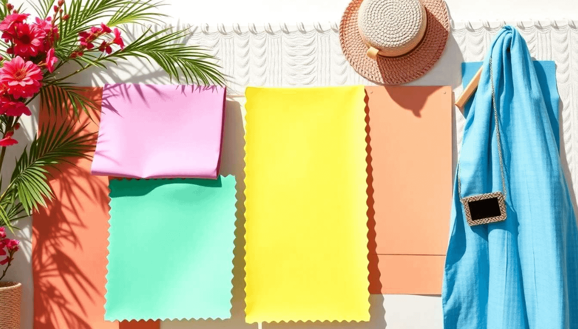 Plusieurs serviettes / vêtements sont entendu sur une couverture de plage. Chaque serviette représente une couleur tendance de décoration pour le printemps 2025 avec du rose, vert, jaune ou encore bleu.