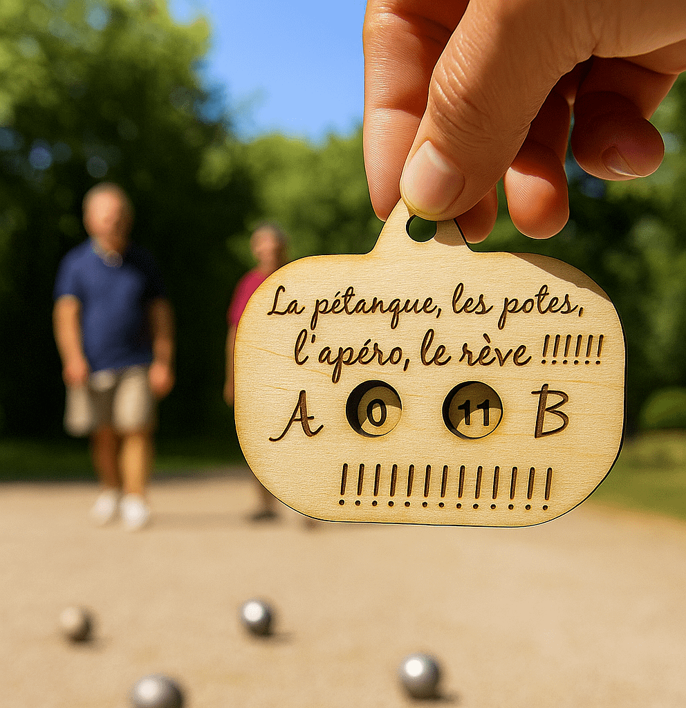 Compteur de points de pétanque tenu par une main avec gravure personnaliser sur un terrain de pétanque. Joueur en arrière plan flou
